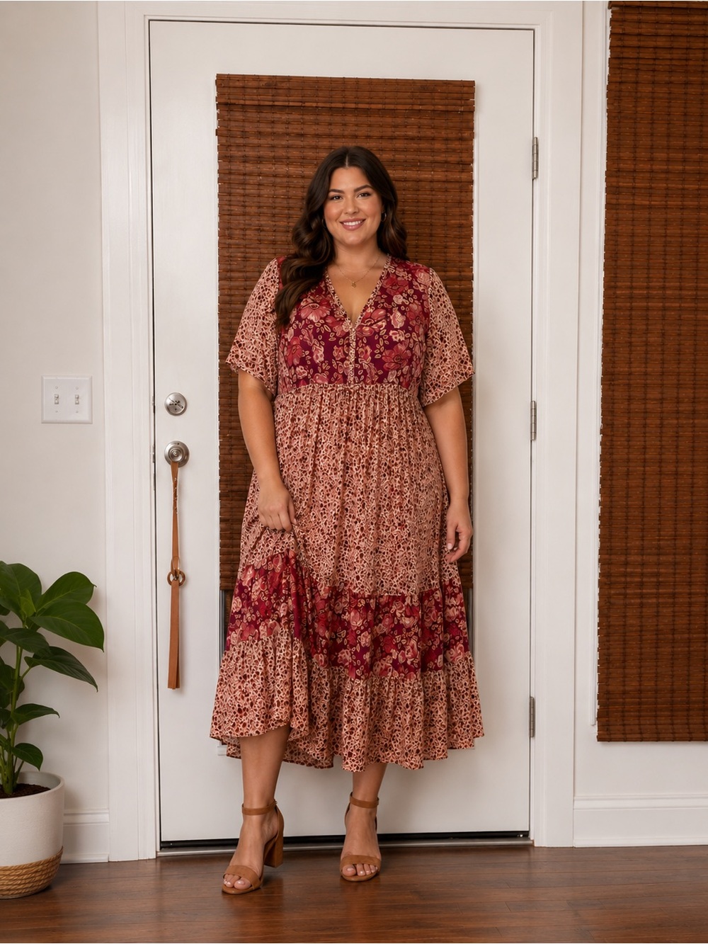 Floral Tiered Midi Dress in Rust Burgundy